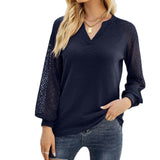 Women's Autumn And Winter New Waffle-Grace Stitching Long-Sleeved V-Neck t-Shirt Top