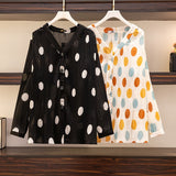 150Kg Plus Size Women's Bust 150 Summer Loose V-Neck Long-Sleeved Polka Dot Sunscreen Shirt Black Apricot 5XL 6XL
