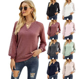 Women's Autumn And Winter New Waffle-Grace Stitching Long-Sleeved V-Neck t-Shirt Top