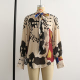 Spring New Women's Fashion Casual Holiday Long Sleeve Bowknot Print Shirt