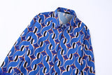 Autumn New Fashion Retro Style Lapel Blue Printing Wool Cuff Shirt Women