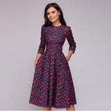 Occidental Autumn And Winter Womens A Line Dress Party Retro Small Fragmented Flowers 7/4 Sleeve Round Neck Dress