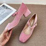 Ladies New Round Head Velvet Buckle Chunky Heel Pumps