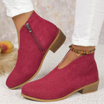 Fashion V-cut Ankle Boots With Side Zipper Round Toe Square Heel Suede Boot For Women Shoes Winter