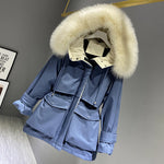 Fashion Hooded Faux Fur Collar Women's Clothing Big Pocket Down Jacket Female Winter Coat Woman