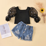 Children'S Clothing Cotton Dot Mesh Sleeves Striped Top Ripped Denim Shorts Kids Suit