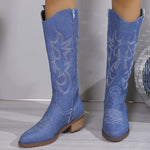 Women's Embroidered Round Head Chunky Heel Boots