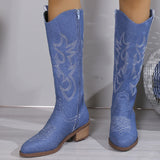 Women's Embroidered Round Head Chunky Heel Boots