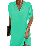 V-neck Pleated Batwing Sleeve Dress