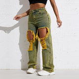 Shascullfites Melody Yellow Wash Streetwear Split Loose Straight Jeans Y2K Ripped Retro Women Denim Pants