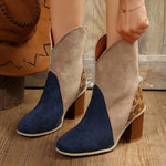 Fashion Splicing Suede Boots Retro Pointed-toe Square High Heel Mid-calf Boots For Women Fall And Winter Shoes