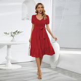 New Summer Women's Round Neck Short-Sleeved Slim Large Hem Splicing Cake Dress Casual Dress