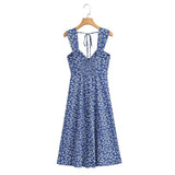 New European and American Style Printed Lace Up Button Embellishment Slimming Back Tie Up Dress