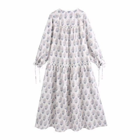 European and American New Fashion V neck Long Sleeve Lace up Print Loose A line Layered Dress for Women