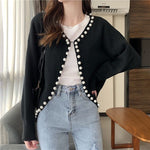 Women's Round Neck Pearl Trim Short Long Sleeve Coat