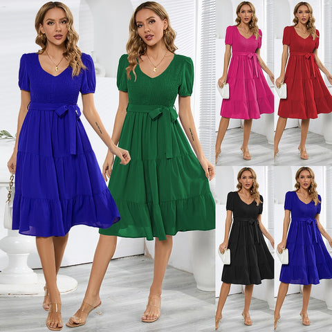 New Summer Women's Round Neck Short-Sleeved Slim Large Hem Splicing Cake Dress Casual Dress