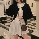 Women's Round Neck Pearl Trim Short Long Sleeve Coat