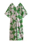 European and American New Fashion Elegant V neck Half Sleeve Green Printed Loose Dress for Women