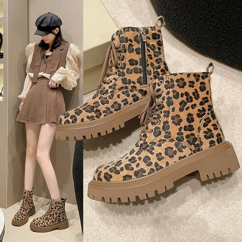 Plus Size Martin Boots Thick Bottom Leopard Print Lace-up