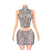 Catwalk Banquet Two-piece Set Full Diamond Luxury Rhinestone Waist Slimming Sheath Short Gowns