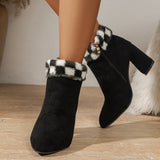 New Plaid Print Plush Ankle Boots Winter Fashoin Square Heel Suede Boots Women Casual Versatile Shoes Autumn And Winter