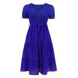 New Summer Women's Round Neck Short-Sleeved Slim Large Hem Splicing Cake Dress Casual Dress