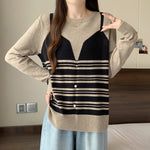 Plus Size Contrast Color Striped Fake Two Pieces Sweater