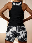 Black And White Round Neck Boxers Printed Swimsuit