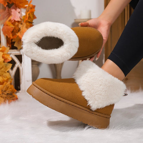 Winter Plush Snow Boots Fashion Round Toe Flat Thickened Suede Cotton Shoes For Women Casual Warm Short Boot