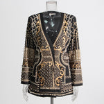 French Court Style Beaded Small Suit Autumn V-Neck Long-Sleeved Print Splicing Jacket Women