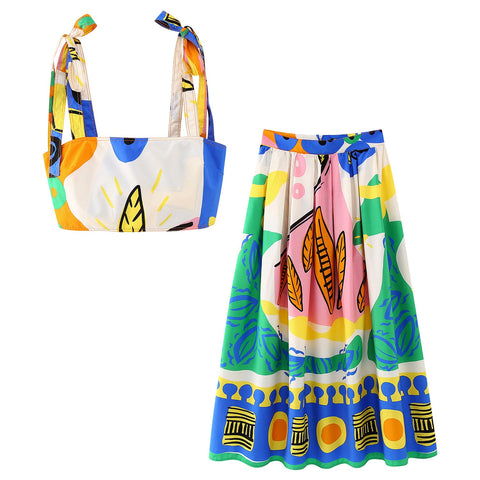 New European and American Style Printed Drawstring Top With Wide Swing Skirt