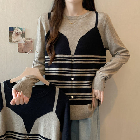 Plus Size Contrast Color Striped Fake Two Pieces Sweater