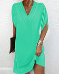 V-neck Pleated Batwing Sleeve Dress