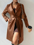 PU Long Sleeve Women's Slim Fit Long Trench Coat