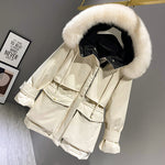 Fashion Hooded Faux Fur Collar Women's Clothing Big Pocket Down Jacket Female Winter Coat Woman