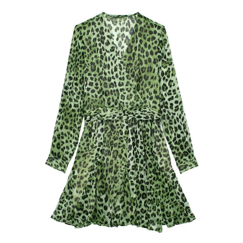 European And American Spring New Fashion Elegant V Neck Long Sleeve Animal Pattern Green Waist Dress For Women