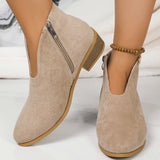 Fashion V-cut Ankle Boots With Side Zipper Round Toe Square Heel Suede Boot For Women Shoes Winter