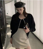 Women's Round Neck Pearl Trim Short Long Sleeve Coat