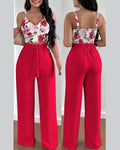 European and American Spring/Summer New Fashion Print Strap Tie Long Pants Set of 2