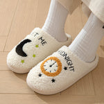 Moon And Clock Print Slipper Winter Warm Home Shoes Cute Bedroom Slippers