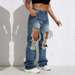 Shascullfites Melody Blue Wash Ripped Retro Stright Leg Jeans Women's Pants Denim Pants Jeans Wide Streetwear