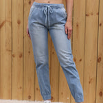 Casual Jeans Light Blue Elastic Waist String Trousers