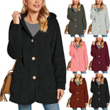 European And American Plush Hooded Button Pocket Cardigan Casual Coat