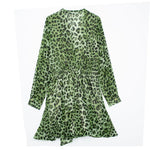 European And American Spring New Fashion Elegant V Neck Long Sleeve Animal Pattern Green Waist Dress For Women