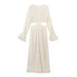 New European and American Style French Open Waist Flared Sleeve Pleated Long Dress