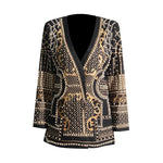 French Court Style Beaded Small Suit Autumn V-Neck Long-Sleeved Print Splicing Jacket Women