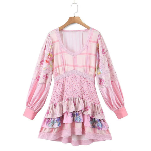 European and American New Fashion Elegant V neck Long Sleeve Printed Layered Decorative Dress for Women