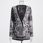 French Court Style Beaded Small Suit Autumn V-Neck Long-Sleeved Print Splicing Jacket Women