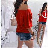 New Loose One Shoulder Bat Shirt Printed T shirt for Women