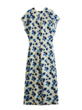 European and American New Fashion Elegant V neck Short Sleeve Blue Printed Split Dress for Women